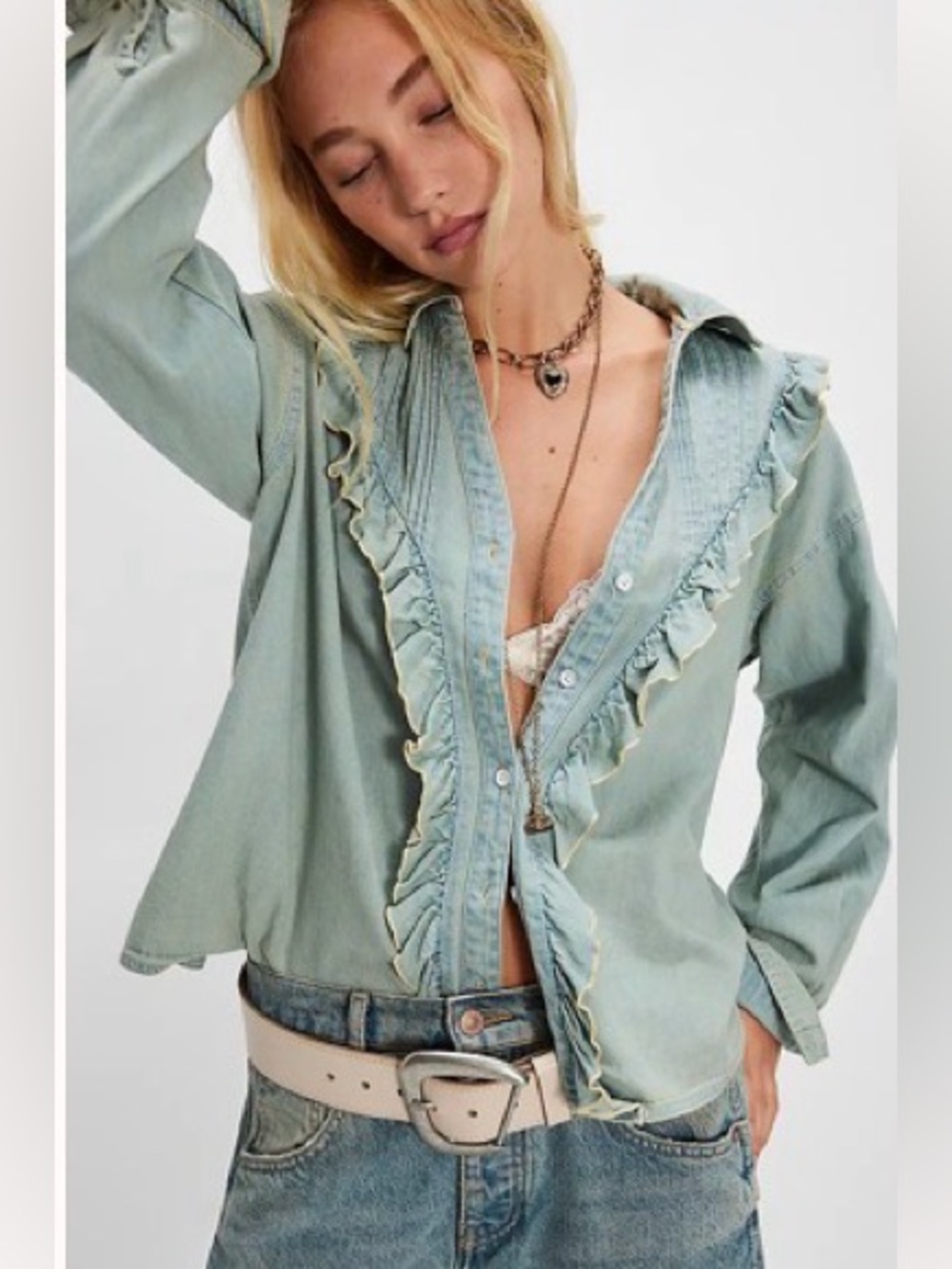FREE PEOPLE × We The Free Tattered And Ruffled Denim Top size medium - Picture 2 of 9